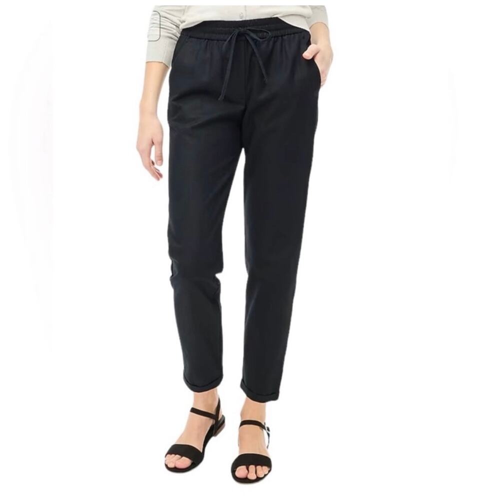 J Crew Factory Linen-cotton blend drawstring pant black cuffed AW839